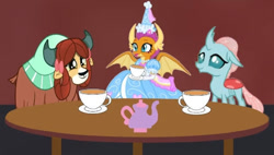 Size: 640x363 | Tagged: safe, artist:darlycatmake, ocellus, smolder, yona, changeling, dragon, yak, g4, clothes, cup, dragoness, dress, dressup, female, froufrou glittery lacy outfit, gloves, hanging out, happy, hat, hennin, jewelry, long gloves, necklace, playful, playing, princess, princess smolder, puffy sleeves, table, tea kettle, tea party, trio, trio female