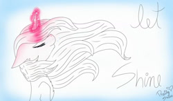 Size: 1280x750 | Tagged: safe, artist:prettyshinegp, oc, oc only, pony, unicorn, abstract background, bust, eyes closed, female, glowing, glowing horn, horn, mare, signature, solo, unicorn oc