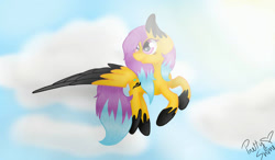 Size: 1280x750 | Tagged: safe, artist:prettyshinegp, oc, oc only, pegasus, pony, colored wings, female, flying, looking back, mare, outdoors, pegasus oc, signature, solo, two toned wings, wings