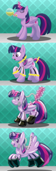 Size: 1900x5800 | Tagged: safe, artist:bladedragoon7575, twilight sparkle, alicorn, pony, g4, air tank, commission, hazmat suit, living suit, one eye closed, open mouth, open smile, potion, smiling, transformation, transformation sequence, twilight sparkle (alicorn), wink