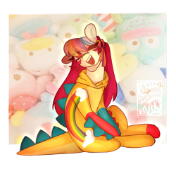Size: 1280x1280 | Tagged: safe, artist:gothalite, oc, oc only, earth pony, pony, :d, clothes, costume, earth pony oc, female, kigurumi, mare, open mouth, open smile, plushie, simple background, smiling, solo, transparent background