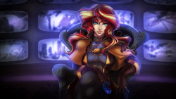 Size: 3080x1733 | Tagged: safe, artist:limreiart, sunset shimmer, human, g4, crossover, cute, empress, humanized, solo, starcraft, starcraft 2, throne, video game crossover