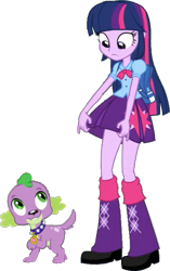 Size: 419x666 | Tagged: safe, edit, edited screencap, editor:pascalmulokozi2, screencap, spike, twilight sparkle, dog, human, equestria girls, g4, my little pony equestria girls, background removed, clothes, duo, female, legs, male, simple background, skirt, spike the dog, transparent background, twilight sparkle (alicorn)