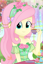 Size: 693x1034 | Tagged: safe, artist:fluttershy_art.nurul, fluttershy, human, equestria girls, g4, bandana, bare shoulders, beautiful, chains, clothes, cup, cupcake, cute, digital art, dress, eyelashes, flower, flower in hair, food, garden, green dress, green eyes, leaf, looking at you, rose, save, show accurate, shyabetes, smiling, solo, table, tea, tea party, woman, yellow skin
