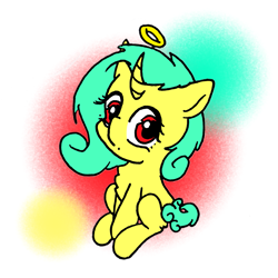 Size: 1833x1834 | Tagged: safe, artist:rainbowwing, oc, oc only, oc:seven sister, pony, unicorn, :<, chest fluff, curly hair, curly mane, curly tail, cute, daaaaaaaaaaaw, ears back, female, halo, looking at you, mare, rainbowwing is trying to murder us, simple background, sitting, solo, tail
