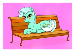 Size: 1280x896 | Tagged: safe, artist:kpapwiss, lyra heartstrings, pony, unicorn, g4, bench, female, looking at you, lying down, mare, prone, simple background, smiling, smiling at you, solo