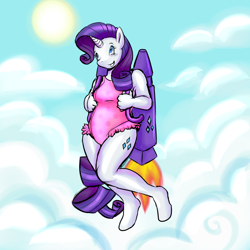 Size: 2000x2000 | Tagged: safe, artist:xxitachiuchihaloverxx, rarity, unicorn, anthro, g4, clothes, commission, fire, happy, high res, holding, jetpack, leotard, looking away, rarity's leotard, sky background, smiling