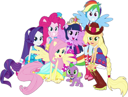 Size: 1043x792 | Tagged: safe, edit, edited screencap, editor:pascalmulokozi2, screencap, applejack, fluttershy, pinkie pie, rainbow dash, rarity, spike, twilight sparkle, dog, human, equestria girls, g4, my little pony equestria girls, background removed, bare shoulders, big crown thingy, element of magic, fall formal outfits, humane five, humane six, jewelry, looking at you, ponied up, regalia, simple background, sleeveless, spike the dog, strapless, transparent background
