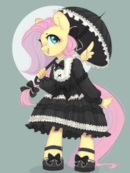 Size: 813x1079 | Tagged: safe, artist:melodylibris, fluttershy, pegasus, anthro, unguligrade anthro, blushing, clothes, cute, dress, female, floating wings, goth, gothic lolita, mare, open mouth, open smile, shoes, shyabetes, smiling, solo, umbrella, wings