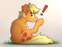 Size: 2110x1600 | Tagged: safe, artist:yakovlev-vad, applejack, earth pony, pony, g4, behaving like a cat, caught, exclamation point, female, grooming, hoof licking, lacrimal caruncle, licking, looking at you, looking back, looking back at you, mare, sitting, solo, surprised, tongue out, wide eyes