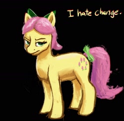 Size: 2013x1968 | Tagged: safe, artist:phutashi, posey bloom, earth pony, pony, g5, black background, female, glare, mare, reaction image, relatable, simple background, solo, text