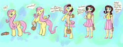 Size: 1280x493 | Tagged: safe, artist:quickcast, fluttershy, human, pegasus, pony, g4, abstract background, brown hair, clothes, commission, dialogue, human coloration, humanized, light skin, mental shift, natural hair color, pony to human, purse, skirt, speech bubble, transformation, transformation sequence