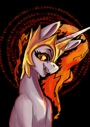 Size: 2480x3508 | Tagged: safe, artist:i love hurt, daybreaker, princess celestia, alicorn, pony, g4, angry, crown, evil, female, fire, fire hair, high res, jewelry, mare, regalia, sharp teeth, solo, teeth