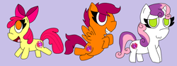 Size: 2456x910 | Tagged: safe, artist:andreajaywonder2005, apple bloom, scootaloo, sweetie belle, earth pony, pegasus, pony, unicorn, g4, adorabloom, bow, cute, cutealoo, cutie mark crusaders, diasweetes, female, filly, flying, foal, hair bow, happy, horn, purple background, scootaloo can fly, simple background, smiling, spread wings, the cmc's cutie marks, wings