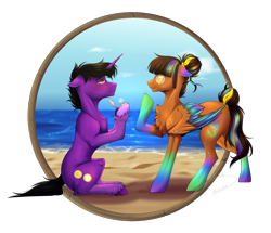 Size: 2592x2228 | Tagged: safe, artist:lunciakkk, oc, oc only, oc:aaron, oc:clarsia, beach, chest fluff, commission, couple, glasses, high res, jewelry, marriage proposal, ring, signature, unshorn fetlocks