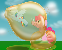 Size: 2218x1783 | Tagged: safe, artist:bladedragoon7575, pinkie pie, rainbow dash, earth pony, pegasus, pony, g4, blowing bubbles, bubble, cloud, encasement, eyes closed, flying, in bubble, pinkie being pinkie, simple background, sitting, spread wings, squishy, trapped, wavy mouth, wings
