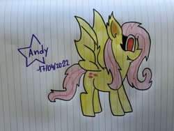 Size: 4032x3024 | Tagged: safe, artist:andreajaywonder2005, fluttershy, bat pony, pony, vampire, vampony, g4, bat ponified, bat wings, fangs, female, flutterbat, lined paper, mare, pencil drawing, race swap, smiling, solo, spread wings, stars, text, traditional art, wings