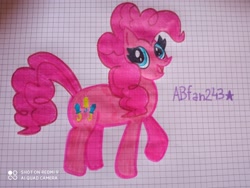 Size: 3264x2448 | Tagged: safe, artist:andreajaywonder2005, pinkie pie, earth pony, pony, g4, female, graph paper, high res, mare, pencil drawing, raised hoof, smiling, solo, stars, text, traditional art