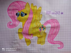 Size: 3264x2448 | Tagged: safe, artist:andreajaywonder2005, fluttershy, pegasus, pony, g4, female, flying, graph paper, high res, mare, pencil drawing, smiling, solo, spread wings, stars, text, traditional art, wings