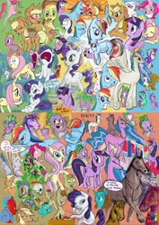 Size: 724x1024 | Tagged: safe, artist:jowyb, applejack, fluttershy, gilda, pinkie pie, princess celestia, rainbow dash, rarity, spike, twilight sparkle, alicorn, dragon, earth pony, griffon, horse, pegasus, pony, unicorn, g4, 2011, hoers, mane seven, mane six, old art, unicorn twilight