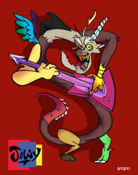 Size: 1768x2234 | Tagged: safe, artist:jowyb, discord, draconequus, g4, 2011, electric guitar, fangs, guitar, musical instrument, old art, red background, signature, simple background, solo, yellow teeth