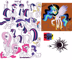 Size: 3235x2691 | Tagged: safe, artist:jowyb, applejack, fluttershy, pinkie pie, princess celestia, rainbow dash, rarity, twilight sparkle, alicorn, earth pony, pony, unicorn, g4, 2012, butt, corrupted celestia, cutie mark, female, high res, mane six, mare, old art, plot, unicorn twilight