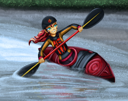 Size: 3600x2832 | Tagged: safe, artist:artemis-polara, sunset shimmer, human, equestria girls, g4, canoe, commission, high res, lifejacket, oar, river, solo, water