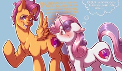 Size: 2029x1188 | Tagged: safe, artist:peepingtom, apple bloom, scootaloo, sweetie belle, pegasus, pony, unicorn, g4, blushing, cutie mark crusaders, dialogue, duo, female, floppy ears, headcanon, lesbian, mare, muscles, muscular female, older, older scootaloo, older sweetie belle, ship:scootabelle, shipping, strongaloo, sweat, sweatdrops, thought bubble
