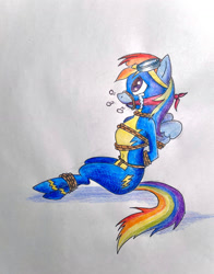 Size: 1280x1636 | Tagged: safe, artist:boundpup, rainbow dash, pegasus, pony, g4, arm behind back, bondage, bound and gagged, cleave gag, clothes, crotch rope, crying, gag, rope, rope bondage, rope gag, tied up, uniform, wonderbolts uniform