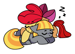 Size: 1280x928 | Tagged: safe, artist:hazehart, apple bloom, oc, oc:ruby (story of the blanks), earth pony, pony, story of the blanks, g4, female, filly, foal, good end, onomatopoeia, simple background, sleeping, sound effects, transparent background, zzz
