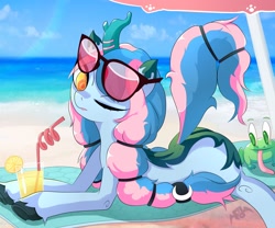 Size: 3000x2500 | Tagged: safe, artist:fd, oc, oc only, oc:chrysocolla dawn, frog, kirin, beach, butt, crazy straw, cute, eyes on the prize, glasses, high res, horn, juice, lemonade, looking at butt, ocean, one eye closed, plot, sexy, summer, sunglasses, tongue out, water