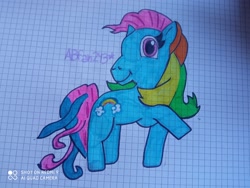 Size: 3264x2448 | Tagged: safe, artist:andreajaywonder2005, rainbow dash (g3), earth pony, pony, g3, cloud, female, graph paper, high res, mare, multicolored hair, pencil drawing, rainbow, rainbow hair, raised hoof, smiling, solo, stars, text, traditional art