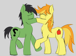 Size: 3472x2552 | Tagged: safe, artist:sefastpone, braeburn, oc, oc:anon stallion, earth pony, pony, g4, canon x oc, colored sketch, digital art, duo, duo male, earth pony oc, eyes closed, gay, gray background, high res, hoof hold, hooves, kiss on the lips, kissing, male, raised leg, shipping, simple background, sketch, stallion, tail, two toned mane, two toned tail