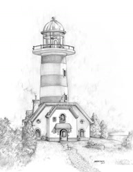 Size: 1100x1425 | Tagged: safe, artist:baron engel, sunny starscout, earth pony, pony, g5, my little pony: a new generation, building, female, grayscale, lighthouse, monochrome, pencil drawing, scenery, signature, sunny starscout's lighthouse, traditional art