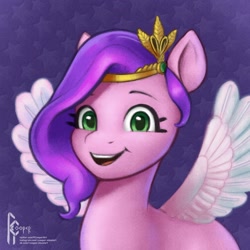 Size: 2025x2025 | Tagged: safe, artist:rcooper, pipp petals, pegasus, pony, g5, my little pony: a new generation, female, green eyes, high res, jewelry, mare, simple background, smiling, solo, spread wings, tiara, wings