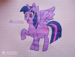 Size: 3264x2448 | Tagged: safe, artist:andreajaywonder2005, twilight sparkle, alicorn, pony, g4, female, graph paper, high res, horn, mare, raised hoof, smiling, solo, spread wings, traditional art, twilight sparkle (alicorn), wings