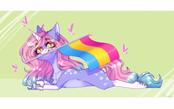 Size: 3455x2166 | Tagged: safe, artist:honeybbear, oc, pony, unicorn, female, high res, lying down, mare, mouth hold, pansexual pride flag, pride, pride flag, prone, solo