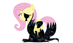 Size: 1415x833 | Tagged: safe, artist:monikaddlcgirl20, fluttershy, pegasus, pony, g4, corrupted, error, female, glitch, mare, pibby, scared, simple background, white background, wings, zalgo