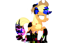 Size: 1415x833 | Tagged: safe, artist:monikaddlcgirl20, applejack, earth pony, pony, g4, applejack's hat, corrupted, cowboy hat, error, female, glitch, hat, mare, pibby, raised hoof, simple background, smiling, white background