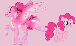 Size: 735x448 | Tagged: safe, artist:moonlight23345, pinkie pie, earth pony, pegasus, pony, g4, eyes closed, feathered fetlocks, female, hair bun, mare, pegasus pinkie pie, pink background, race swap, redesign, self paradox, self ponidox, simple background, smiling