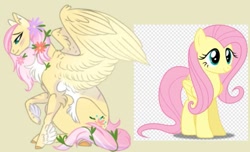 Size: 735x448 | Tagged: safe, artist:moonlight23345, fluttershy, pegasus, pony, g4, blushing, feathered fetlocks, female, flower, flower in hair, fluffy, mare, redesign, self paradox, self ponidox, simple background, sitting