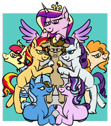 Size: 1500x1700 | Tagged: safe, artist:fuckomcfuck, pear butter, princess cadance, rarity, starlight glimmer, sunset shimmer, torque wrench, trixie, oc, oc:doodles, alicorn, earth pony, pony, unicorn, g4, bedroom eyes, canon x oc, crown, demi-girl, eyeshadow, female, freckles, green background, harem, hoof shoes, infidelity, jewelry, lesbian, makeup, missing cutie mark, regalia, simple background, throne, unshorn fetlocks