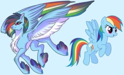 Size: 735x448 | Tagged: safe, artist:moonlight23345, rainbow dash, pegasus, pony, g4, blue background, chest fluff, colored wings, colored wingtips, eye scar, feathered fetlocks, female, mare, redesign, scar, self paradox, self ponidox, simple background, wings