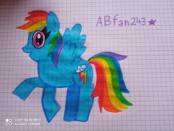 Size: 3264x2448 | Tagged: safe, artist:andreajaywonder2005, rainbow dash, pegasus, pony, g4, female, graph paper, high res, mare, multicolored hair, pencil drawing, rainbow hair, raised hoof, smiling, solo, spread wings, stars, text, traditional art, wings