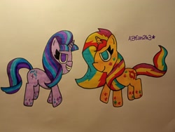 Size: 3264x2448 | Tagged: safe, artist:andreajaywonder2005, starlight glimmer, sunset shimmer, pony, unicorn, g4, female, high res, horn, mare, pencil drawing, rainbow power, rainbow power-ified, smiling, sparkles, stars, text, traditional art