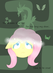Size: 800x1100 | Tagged: safe, artist:fluttergore, discord, fluttershy, butterfly, draconequus, pegasus, pony, g4, canterlot hedge maze, dialogue, discorded, element of kindness, female, floppy ears, frown, hedge maze, male, mare, maze, sad, spread wings, text, wings