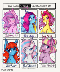 Size: 1715x2048 | Tagged: safe, artist:mscolorsplash, apple spice, skywishes, star catcher, thistle whistle, triple treat, waterfire, earth pony, pegasus, pony, g3, female, grin, mare, six fanarts, smiling, wip