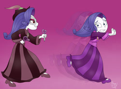 Size: 2720x2012 | Tagged: safe, artist:bageloftime, idw, rarity, human, equestria girls, g4, ponies of dark water, clothes, doctor doomity, dress, duality, duo, duo female, equestria girls-ified, female, frown, gown, gradient background, grin, hair dryer, high res, long dress, long skirt, scissors, self paradox, signature, skirt, smiling, teeth