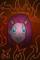 Size: 1000x1500 | Tagged: safe, artist:fluttergore, pinkie pie, demon, human, g4, demon horns, fangs, female, fire, halloween, hell, holiday, horns, humanized, pinkamena diane pie, pumpkin, smiling, text