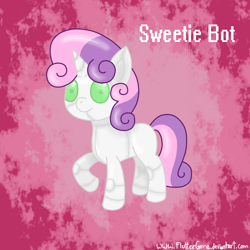 Size: 1000x1000 | Tagged: safe, artist:fluttergore, sweetie belle, pony, robot, robot pony, unicorn, g4, female, horn, mare, pink background, raised hoof, simple background, smiling, sweetie bot, text